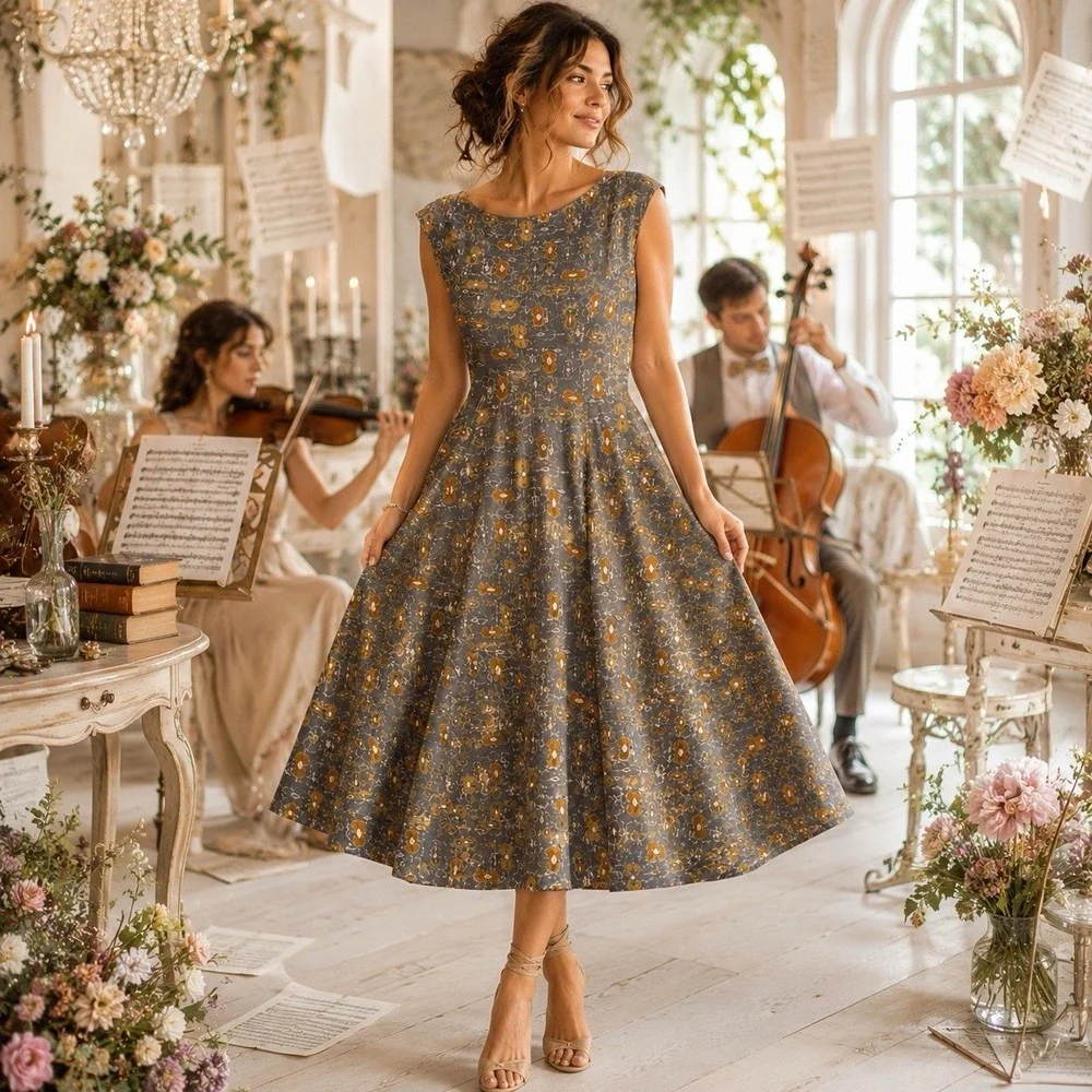 Effies Heart Violin Dress Fit Flare Pin Up Rockabilly Pockets Whimsical Retro M - Picture 1 of 5